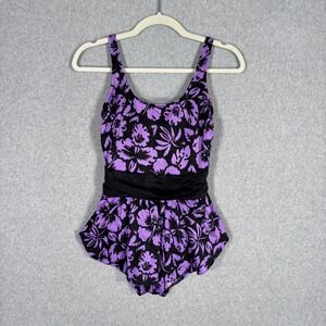 Vintage Mainstream One Piece Swimsuit Size 12 Purple Skirted Swim Dress Tropical